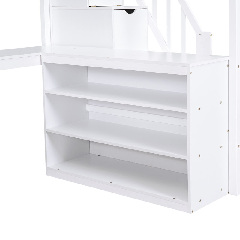 White Full Size Loft Bed With L-Shaped Desk, Storage Shelves And Attached Staircase - Streamlined Design Built-In Desk Storage, Three Shelves, Practical Living