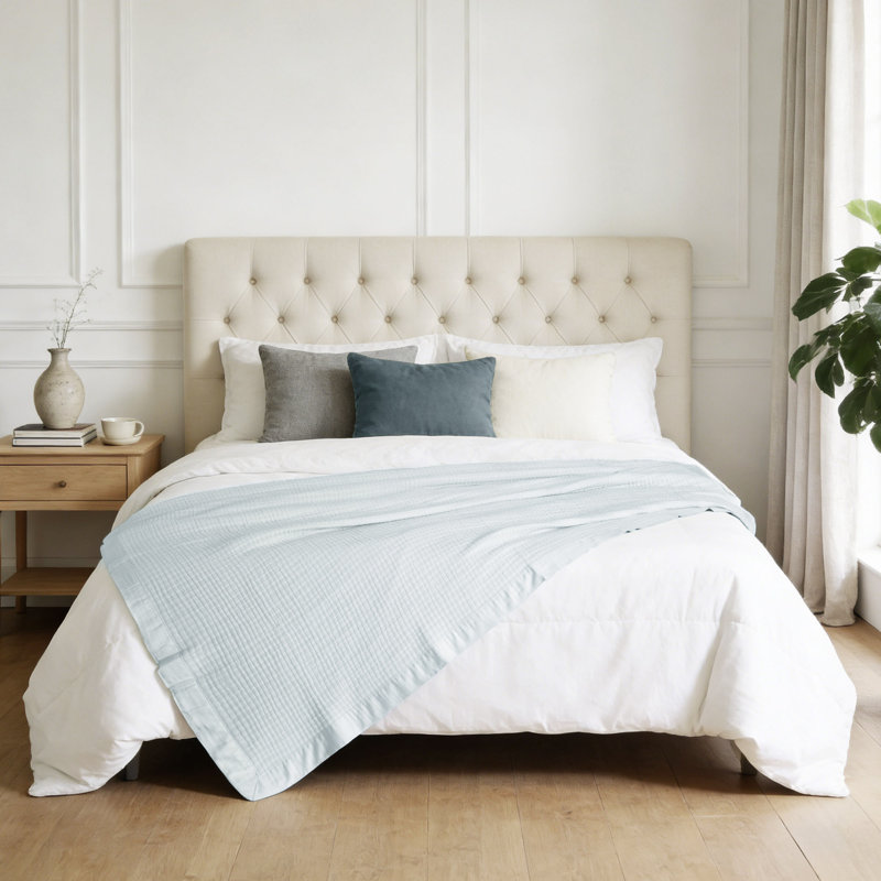100% Cotton Jacquard Soft Lightweight Blanket, Light Blue, Queen