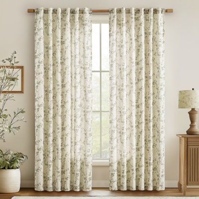 Semi Sheer Linen Blend French Floral Printed Rod Pocket Curtain Pair