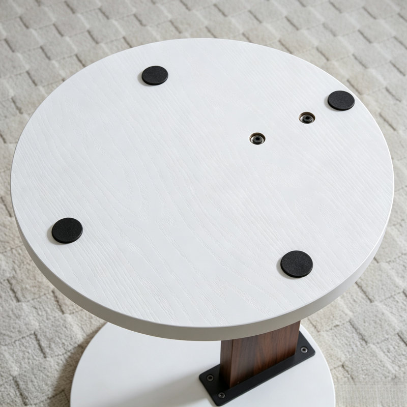 Table d'appoint ronde blanche moderne avec pied central en noyer, petite table d'appoint en forme de C pour salon ou chambre.