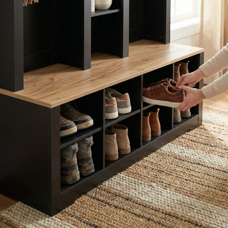 Armoire de rangement 59 po avec banc d'entrée de style scandinave, Noir