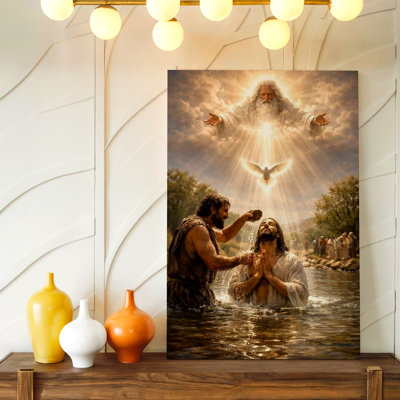 Religious Baptism Scene Dove Heavenly Light River Christian Print Decor Canvas Wall Art Print, Decorative Home Accent, Living Room, Bedroom and Office Decor, Gallery Wall Artwork
