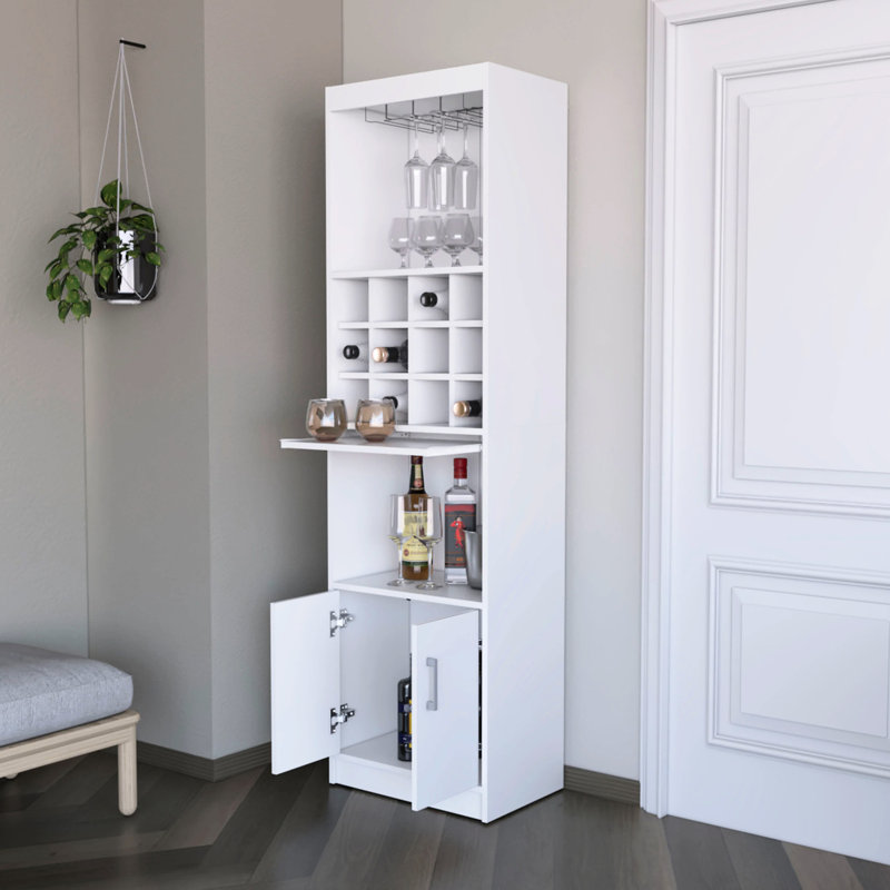 Bar blanc avec espace de rangement pour le vin - armoire de 71,1 po de hauteur, 2 portes, 15 tablettes pour organiser les boissons de 71,1 po de hauteur, tablettes, bois d'ingénierie