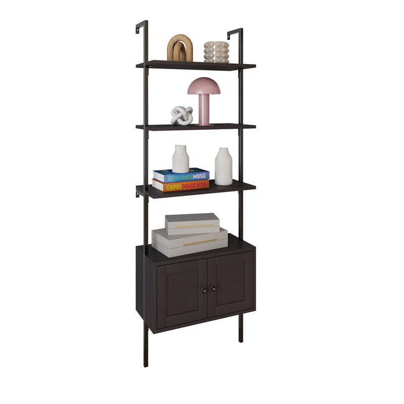Bibliothèque échelle industrielle en bois à 4 tablettes avec armoire et structure métallique Mireille, Noir