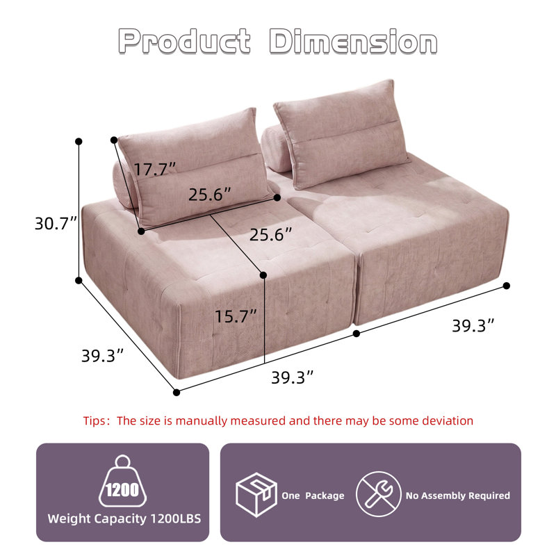 Canapé modulaire à assise profonde avec dossier réglable - canapé compressible en chenille de 39,37 po pour le salon, la chambre à coucher, le salon (2 pièces), noir.