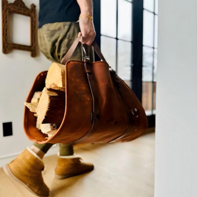 Fireplace Log Holder, Firewood Carrier, Cabin Wood Log Carrier, Large Log Tote Bag for Fireplace, Campfire, or Outdoor Fire Pit, Heavy Duty Leather Wood Holder for Winter or Camping Stove, (Cognac)