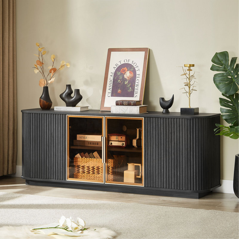 64-Inch Wavy TV Cabinet, Round Sideboard, Wooden Vertical Stripe Storage Cabinet, Aluminum Door Framed Tempered Glass Cabinet For Living Room/Bedroom/Entryway,64''W X 15''D X 24''H.