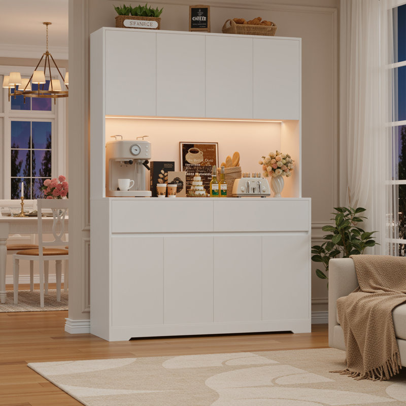 Aybike  71"H X 47.2"W 8-Door Pantry Cabinet with Adjustable RGB LED Lights and Charging Station, Modern Food Pantry with Adjustable Shelves & Soft-close Doors