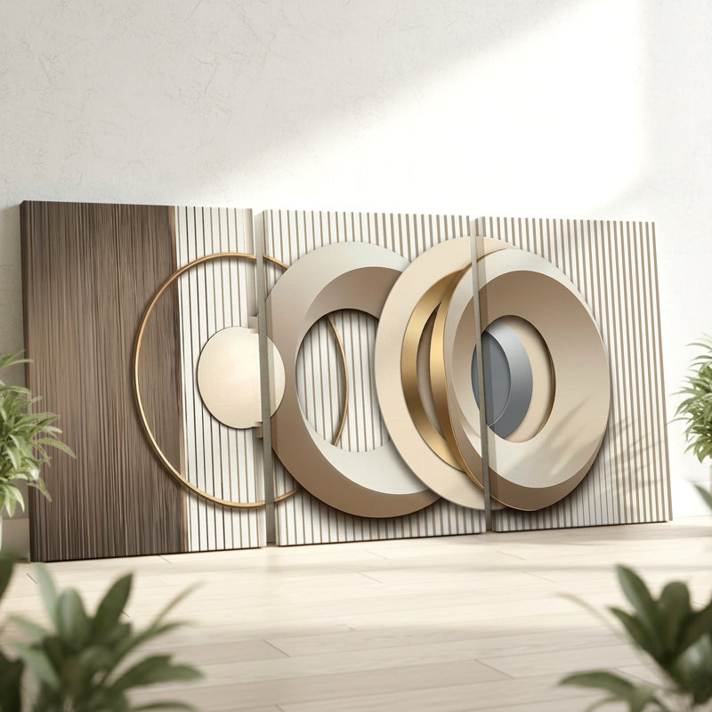3 pièces d'art mural moderne à cercles géométriques modernes dans des tons neutres, art mural trois pièces pour le salon, la chambre à coucher, le bureau et la décoration intérieure, aspect encadré