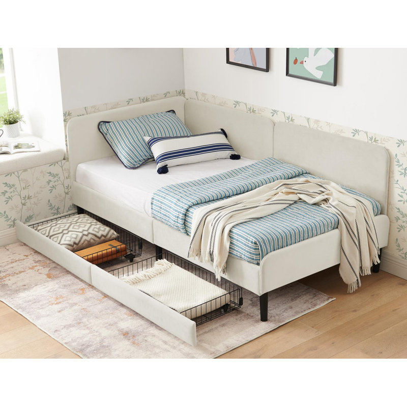 Canapé-lit ajustable en velours pour petits espaces, structure de lit plateforme tapissier simple avec 2 tiroirs de rangement