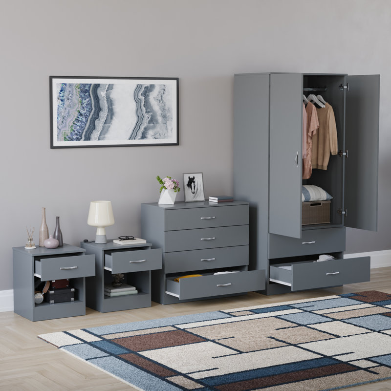 Tayce 4 Piece Bedroom Set (1 Drawer Bedside Chest X2, 4 Drawer Chest, 2 Door 2 Drawer Wardrobe), Grey