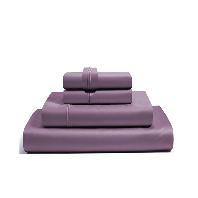 400TC Luxurious Double Embroidery Sateen Solid Cotton 4 Piece Sheet Set Fitted Sheet Fits Upto 16" Deep Pocket, Lilac