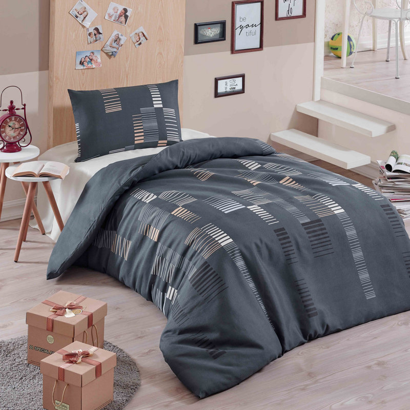 Ensemble de housse de couette simple Elegant, anthracite et or / blanc, 53,1 po x 78,7 po | 65% coton / 35% polyester, 120 fils | Lavable à la machine, housse de couette et enveloppe à fermeture à boutons | Parfait pour un décor de chambre à coucher 