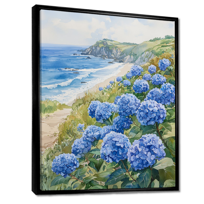 Avasophia hortensias dans un jardin en bord de mer II - hortensia, art mural, H 20 po x l 12 po, Noir