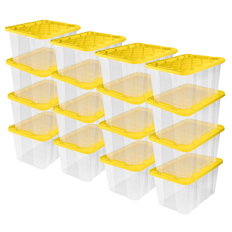 Sterilite 17 Gallon Industrial Stackable Storage Tote Lidded Containers, 6 Pack, 27 Gallon, 16 Pack, Clear/Yellow