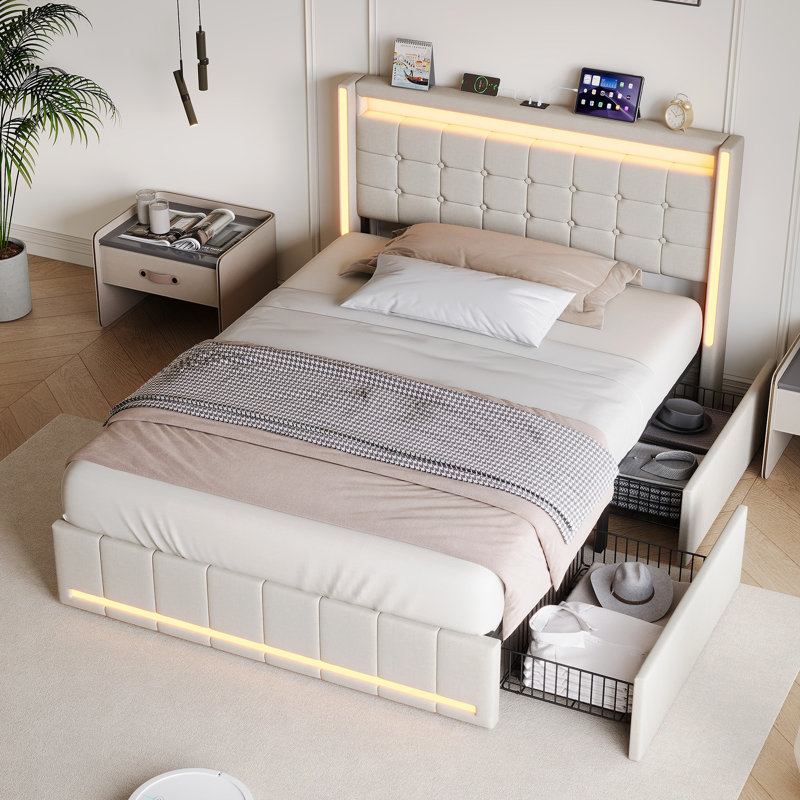 Upholstered Storage Bed with LED Headboard and Drawers, Double (4'6), Beige