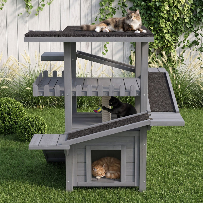 Maison d'extérieur pour chat avec abri couvert, rampes d'escalade et espaces interactifs, Gris