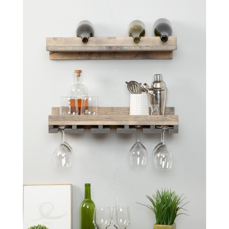 Support à vin à et à verres à fixation murale en bois massif Blende, Gris, H 6 po x l 19,5 po x P 10 po