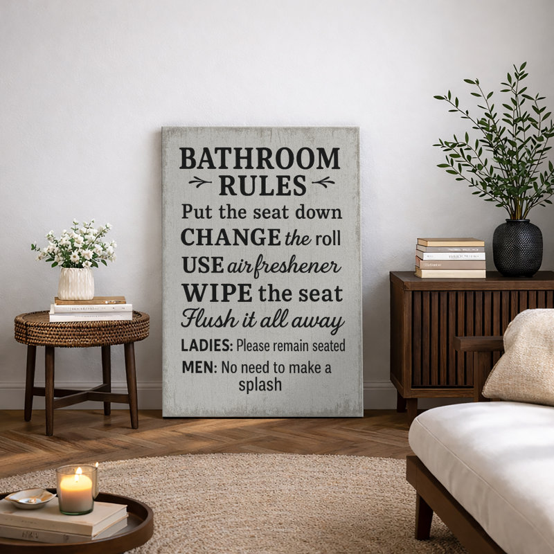 "Bathroom Rules", art mural, impression sur toile, impression sur toile encadrée, H 48 po x l 32 po, Gris froid, Toile tendue