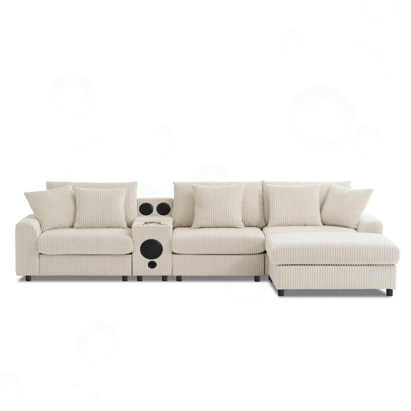 Thalune 5 - Piece L-Shaped Sectional Couch With Console, Cream Corduroy