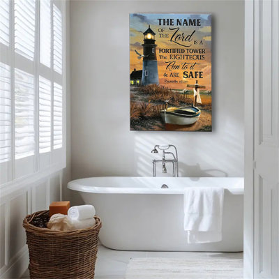 Coastal lighthouse mural religious Bible scripture mural Christian cross boat poster