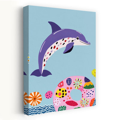 Happy Dolphin Swim Ring Colorful Playful Vibrant Dolphin Ocean Summer Wall Art Print 1 Piece Wrapped Canvas Wall Art