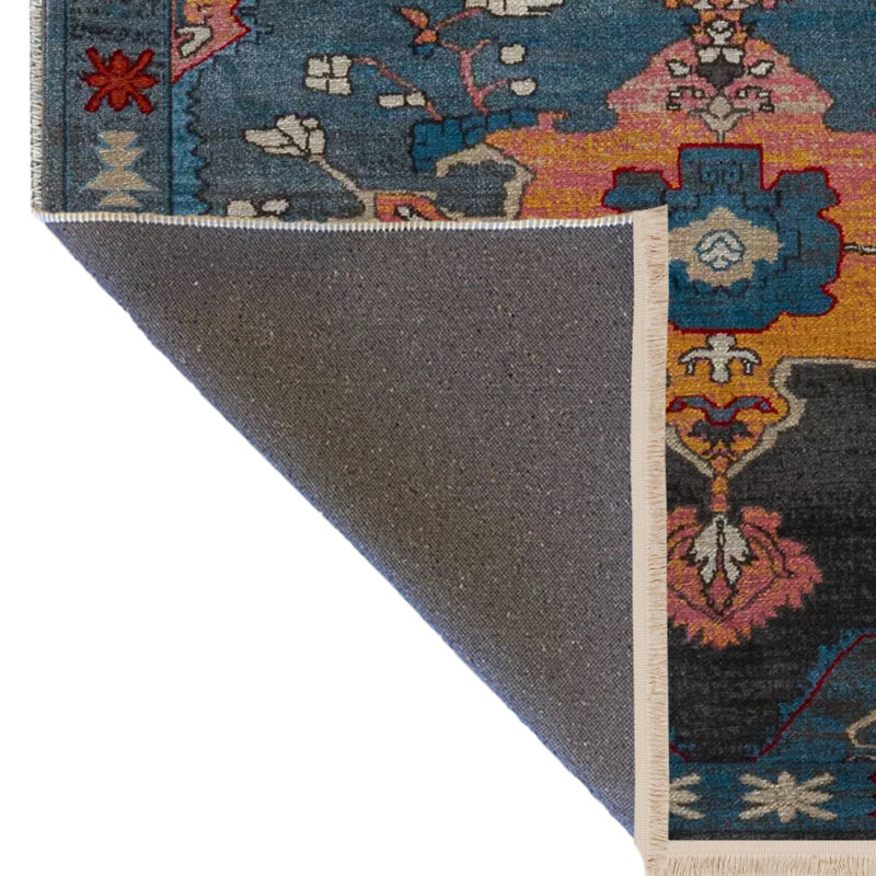 Tapis décoratif bleu multicolore à motif frangé et à motif traditionnel, Rectangle 5 pi x 9 pi 11 po