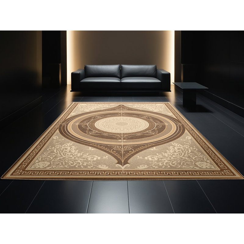 Tapis oriental moelleux doux à motif de cercles Trigonometric Classic - beige, 5 x 8