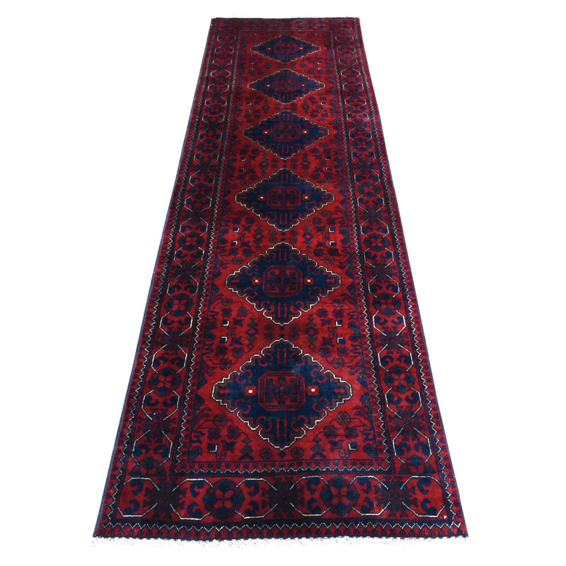 Tapis de couloir à motif de médaillons afghans en laine nouée à la main rouge profond et saturé 2 pi 8 po x 9 pi 6 po 51B6FF954D824D82B76FCD45D44FC0A1