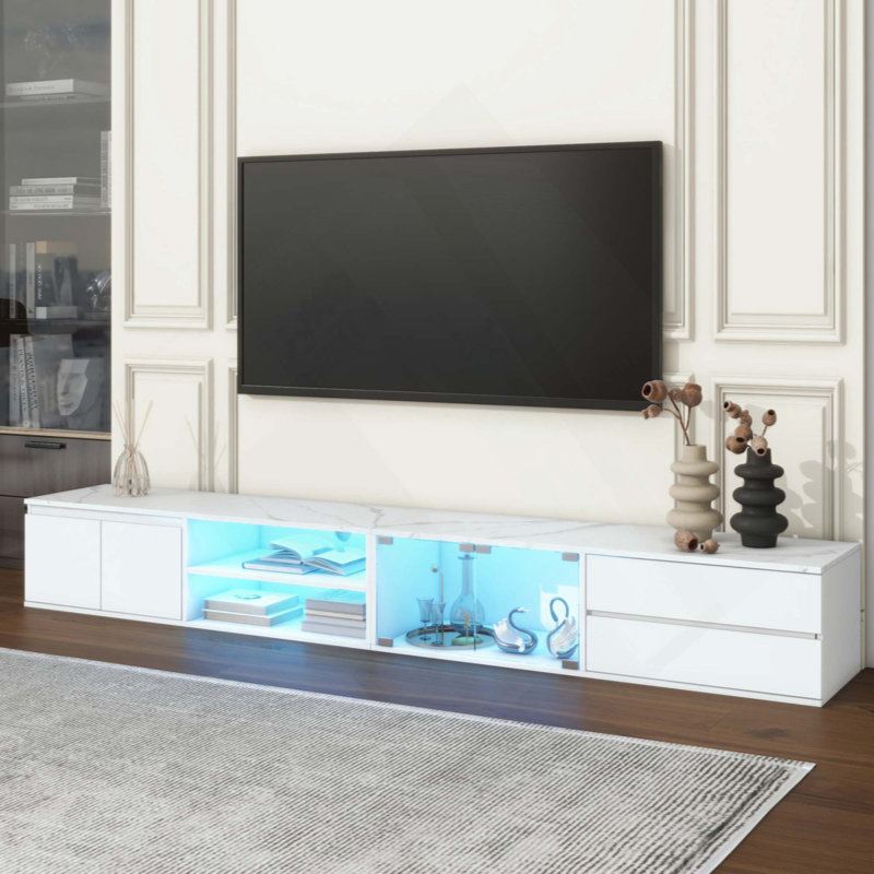 Modern APP Controlled LED TV Stand For Tvs Up To 105'', Faux Marble Tabletop Media Console With Tempered Glass Doors, Entertainment Center With 2 Drawers & Cabinets For Living Room