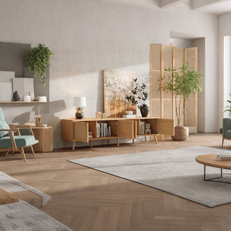 Meuble télé 70 po avec portes en rotin pour téléviseur de 80 po ou moins, console multimédia avec espace de rangement et trous pour câbles, centre de divertissement pour le salon