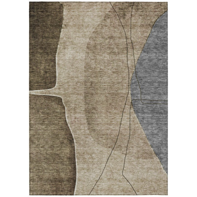 3' X 5' Brown Taupe And Beige Abstract Washable Indoor Outdoor Area Rug