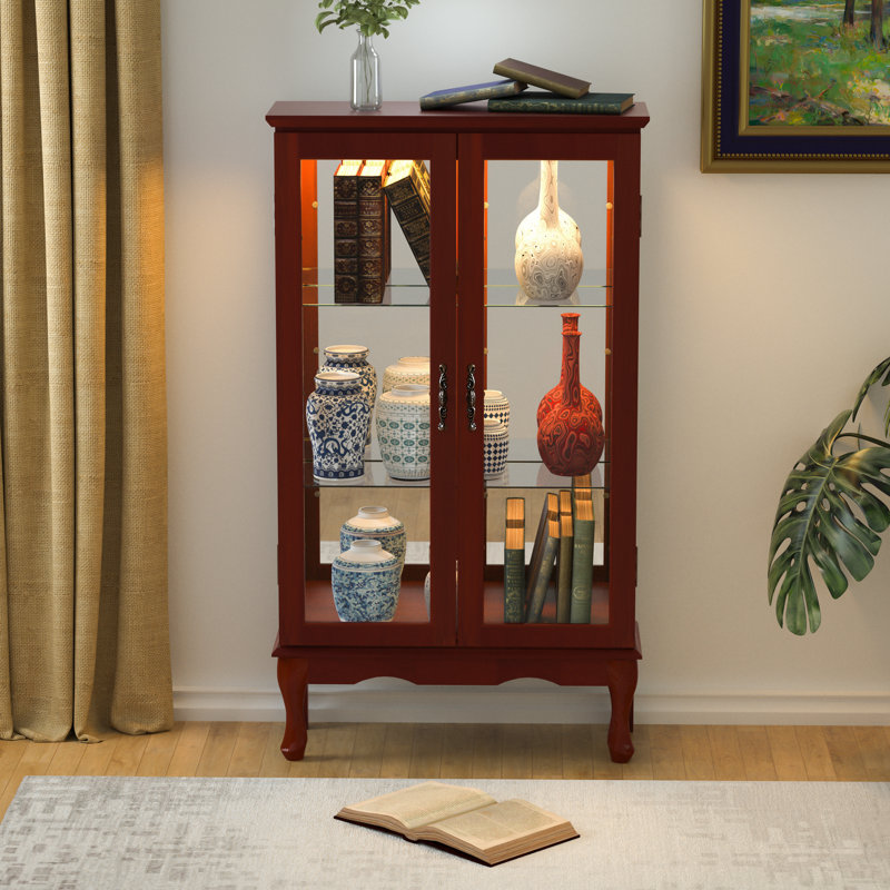 44'' H Lighted Retro China Cabinet, With 2 Tempered Glass Doors And 3-Tier Curio Cabinet Display Cabinet , Cherry