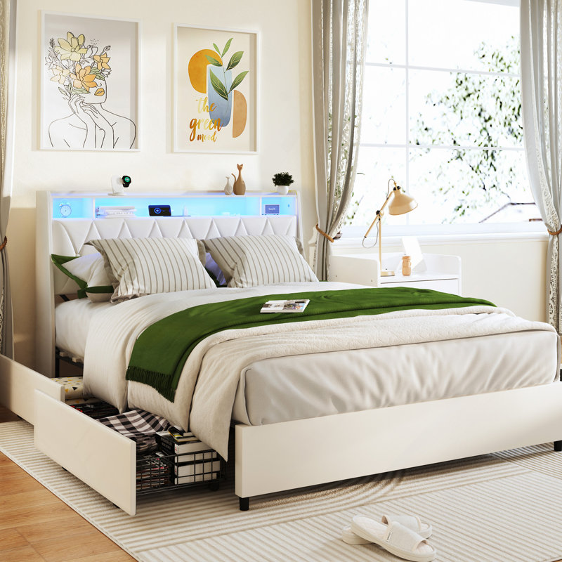 Cadre de lit avec tête de lit ergonomique, cadre de lit plateforme avec prises et chargeur et lumière DEL, cadre de lit en métal avec tablette de rangement, silencieux, aucun sommier nécessaire