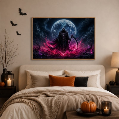Personnage sombre encapuchonné tenant une faux sur toile rose lumineuse, art mural d'Halloween