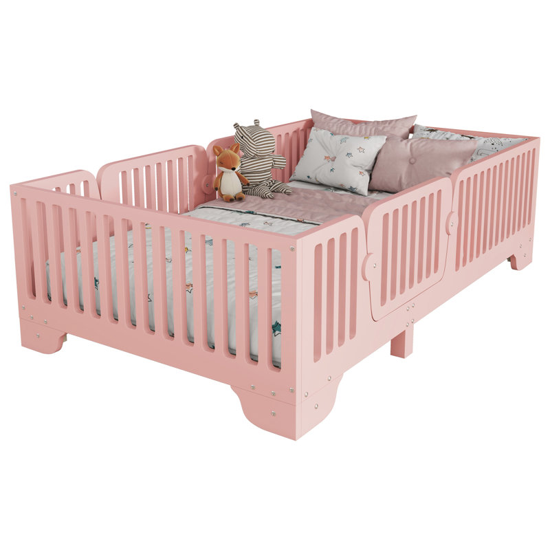 Lit simple Montessori avec lattes, clôture et porte, rose, Lit simple, Rose