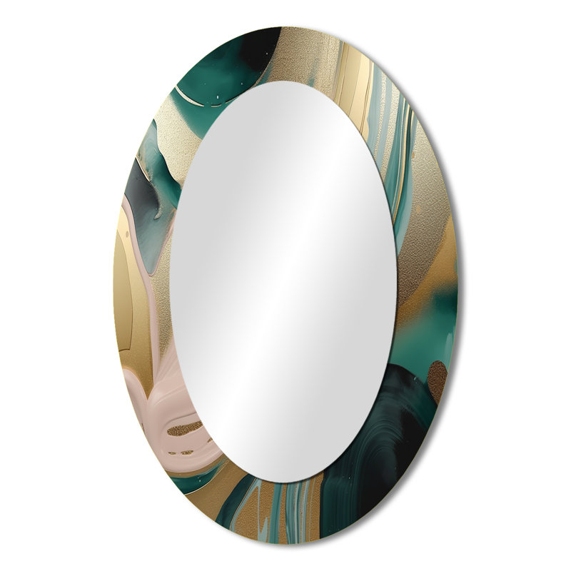 Or et vert marbré Euphoria V - miroir mural ovale moderne, 36 po x 24 po