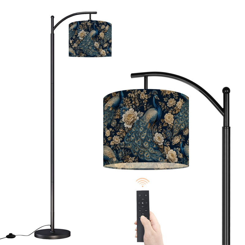 Lampe sur pied à arc avec abat-jour réglable Élégant paon à fleurs bleues dorées Lampe sur pied 3 températures de couleur à intensité variable pour poteau avec interrupteur au pied pour la chambre à coucher