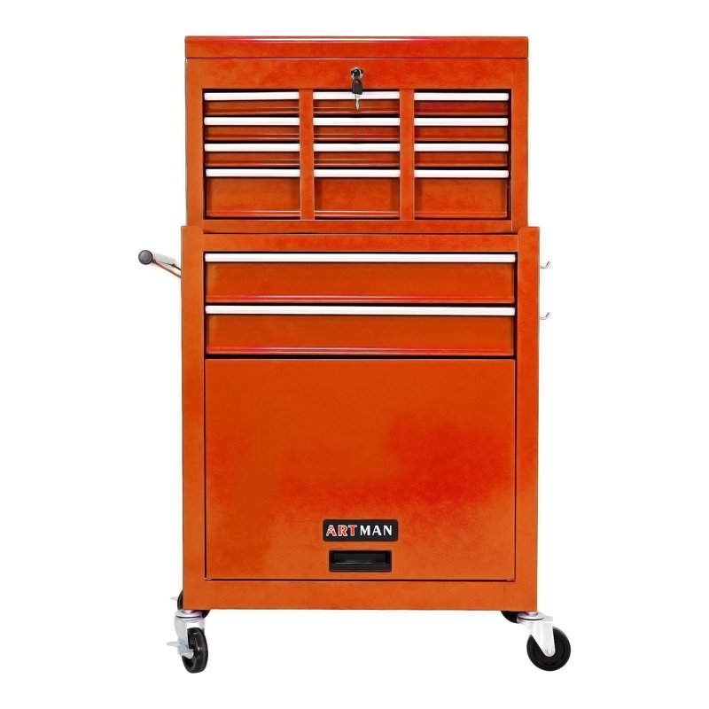 Coffre à outils roulant à grande capacité avec roulettes et tiroirs, armoire de rangement pour outils à 8 tiroirs - Orange
