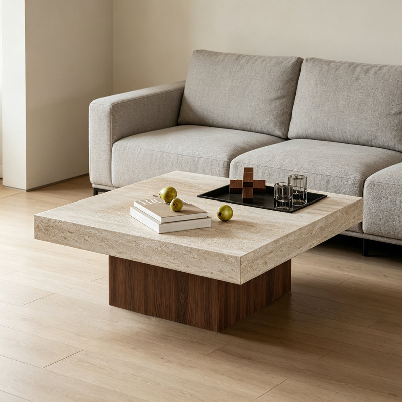 Table basse carrée en ardoise avec plateau Living, H 13,77 po x L 31,49 po x l 31,49 po, Beige