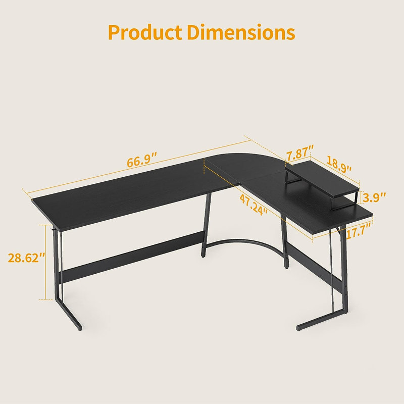 Bureau d'écriture en L Shela, H 28,62 po x l 66,9 po x P 17,7 po, Noir / Noir