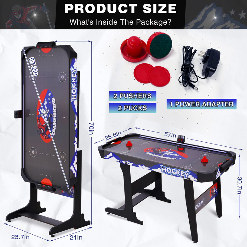 Table de hockey sur coussin gonflable 57 po à DEL avec pointage électronique précis, interrupteur d'alimentation en ligne, moteur puissant, 2 rondelles et 2 poussoirs