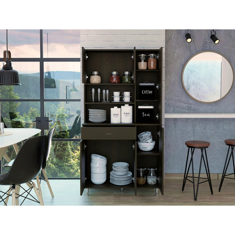 Armoire de cuisine, deux tablettes ouvertes, un tiroir, plusieurs armoires, Noir mat