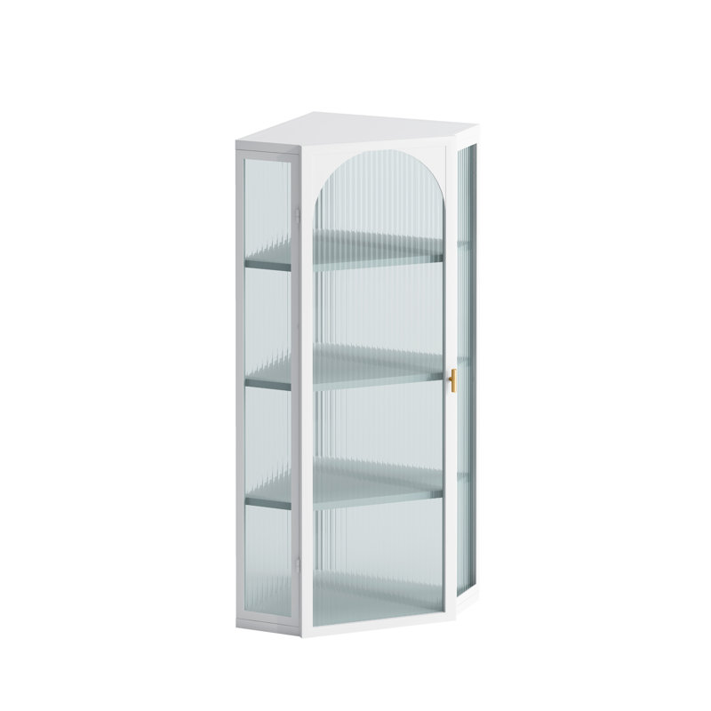 Armoire de coin murale en verre blanc à 4 niveaux, fer et verre nervuré