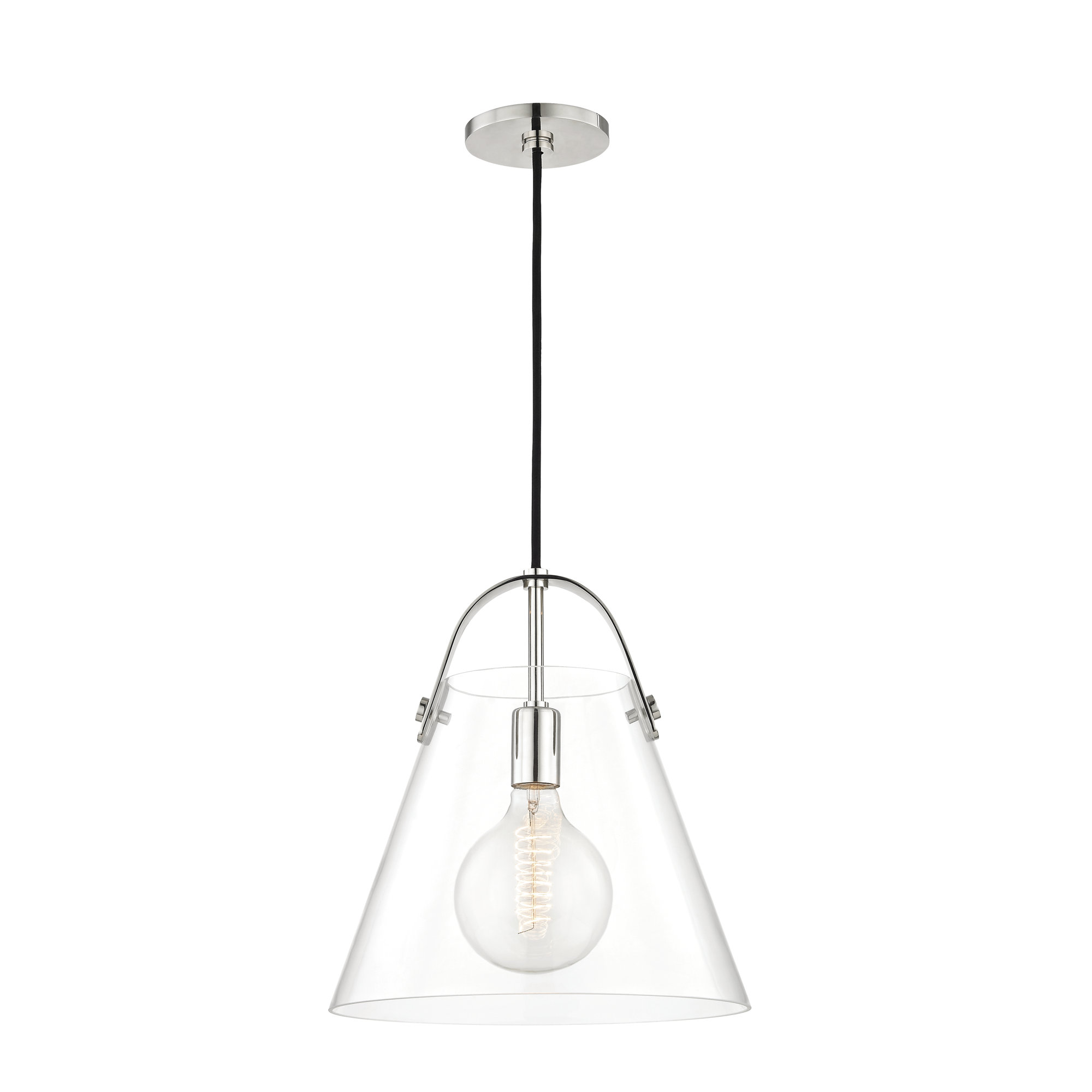 Single Light Glass Pendant, Polished Nickel, 13.75" H x 12.75" W x 12.75" D