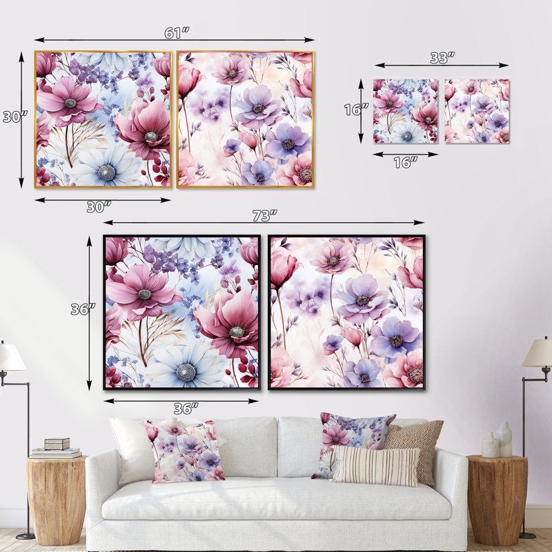 Herold - Ensemble de 2 collages carrés floraux, Cadre flottant noir, H 16 po x l 33 po