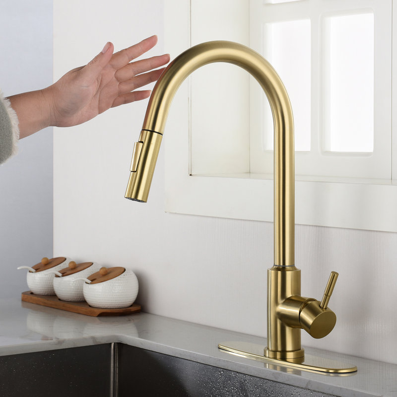 Pull Down In Touch - Enabled Kitchen Faucet, Single Lever To Manage Water Temperature And Flow, High Arc Nozzle Rotating 360, Brushed Gold Stainless Steel With Corrosion Finish, Aerators For A Bubble