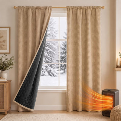 Heavy Duty 370GSM Chevron Quilted Blackout Curtains, 3-Layer Thermal Insulated Noise Reducing Multi-Header Window Panels, 2 Panels