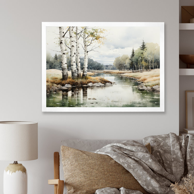Birch Woods Birch Haven - Art mural de bouleau, H 34 po x l 44 po x P 1,5 po, Cadre simple blanc