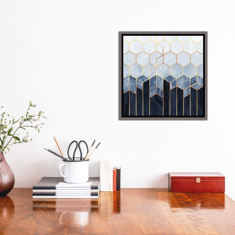 « doux blue hexagones » par elisabeth fredriksson-print, Toile encadrée de bois rustique foncé, H 37 po x l 37 po x P 1,5 po